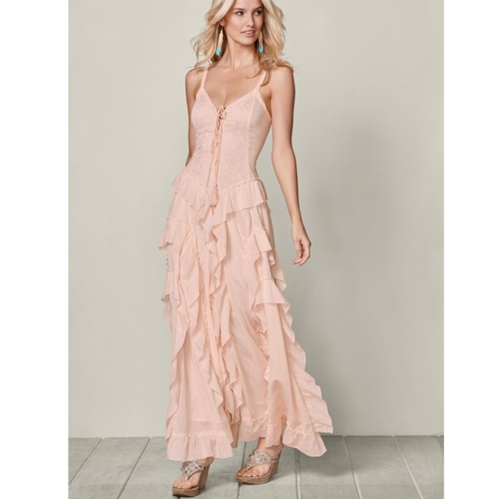 Lace up ruffle maxi dress - L